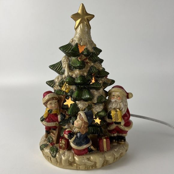 Vtg Opulence Lighted Christmas Tree Ceramic Santa Children Village Lit Stars 10” - Picture 3 of 16